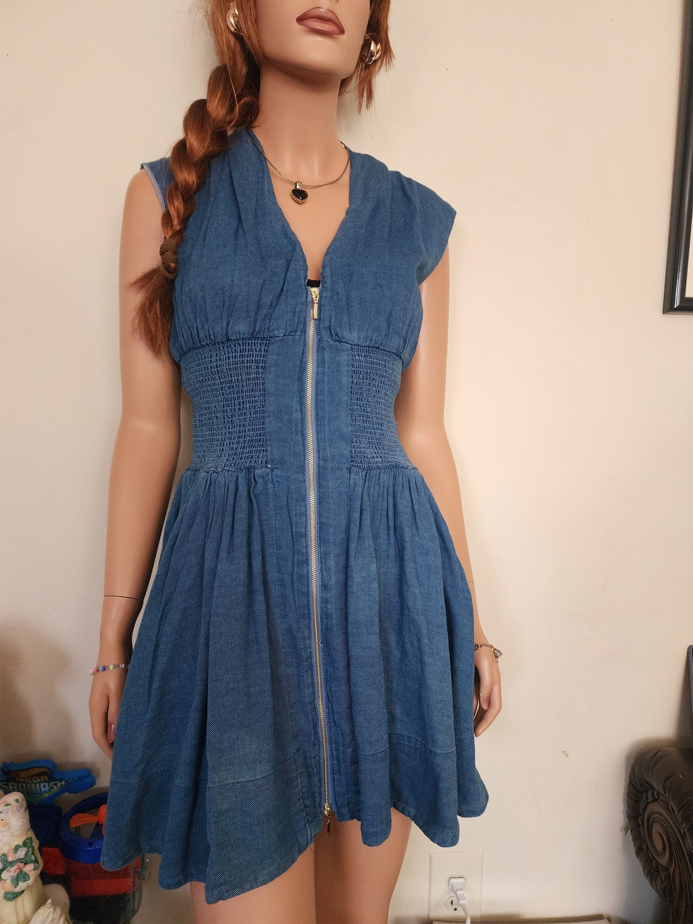Anthropologie Blue Denim Zip-Front Smocked-Waist Dress